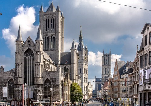 Three towers (Belfry, Cathedral of Saint-Bavo, Church of Saint-Nicolas) in Ghent, Belgium